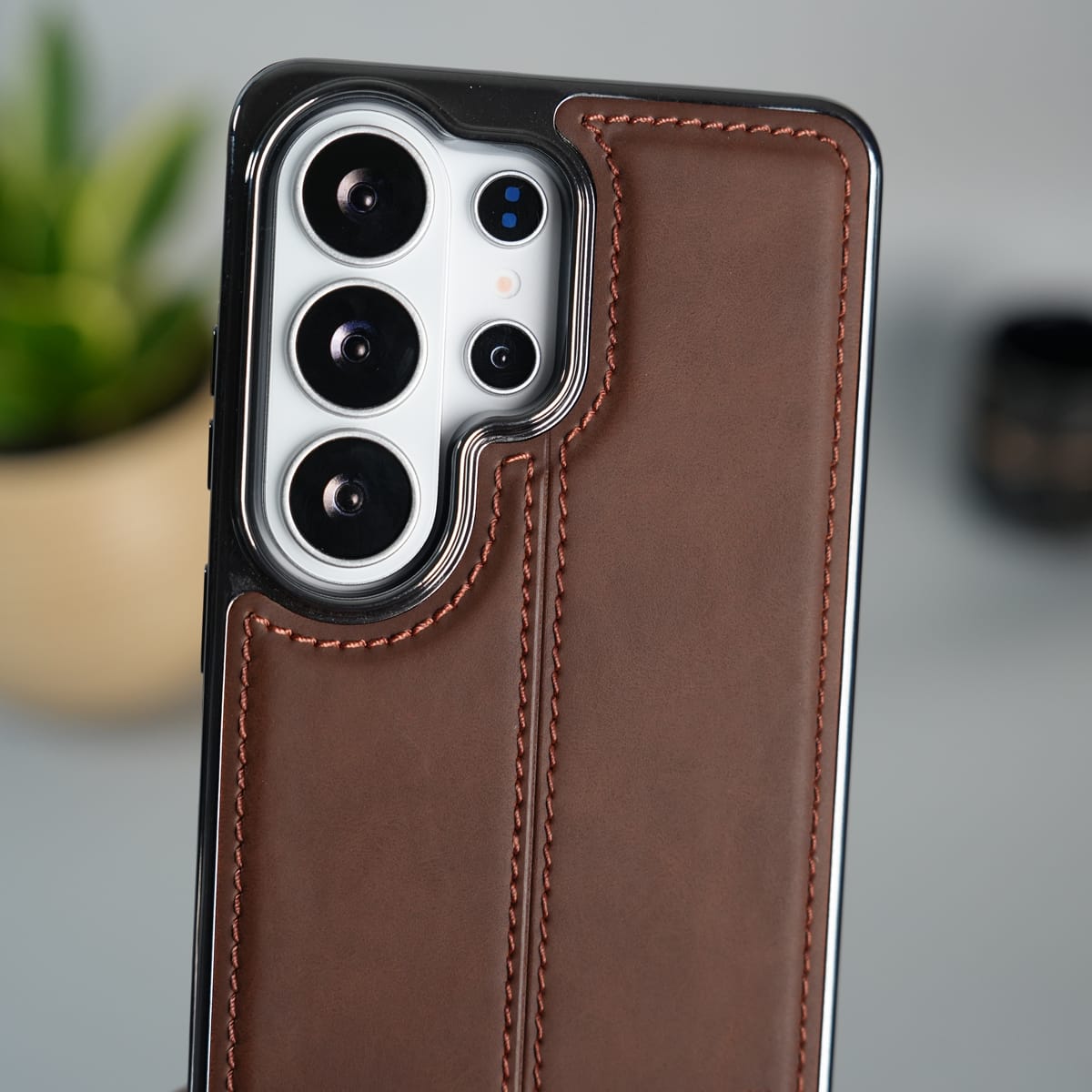 Galaxy S25 Ultra Leather Case | Classic Sude Chrome Middle Stitched Back Cover