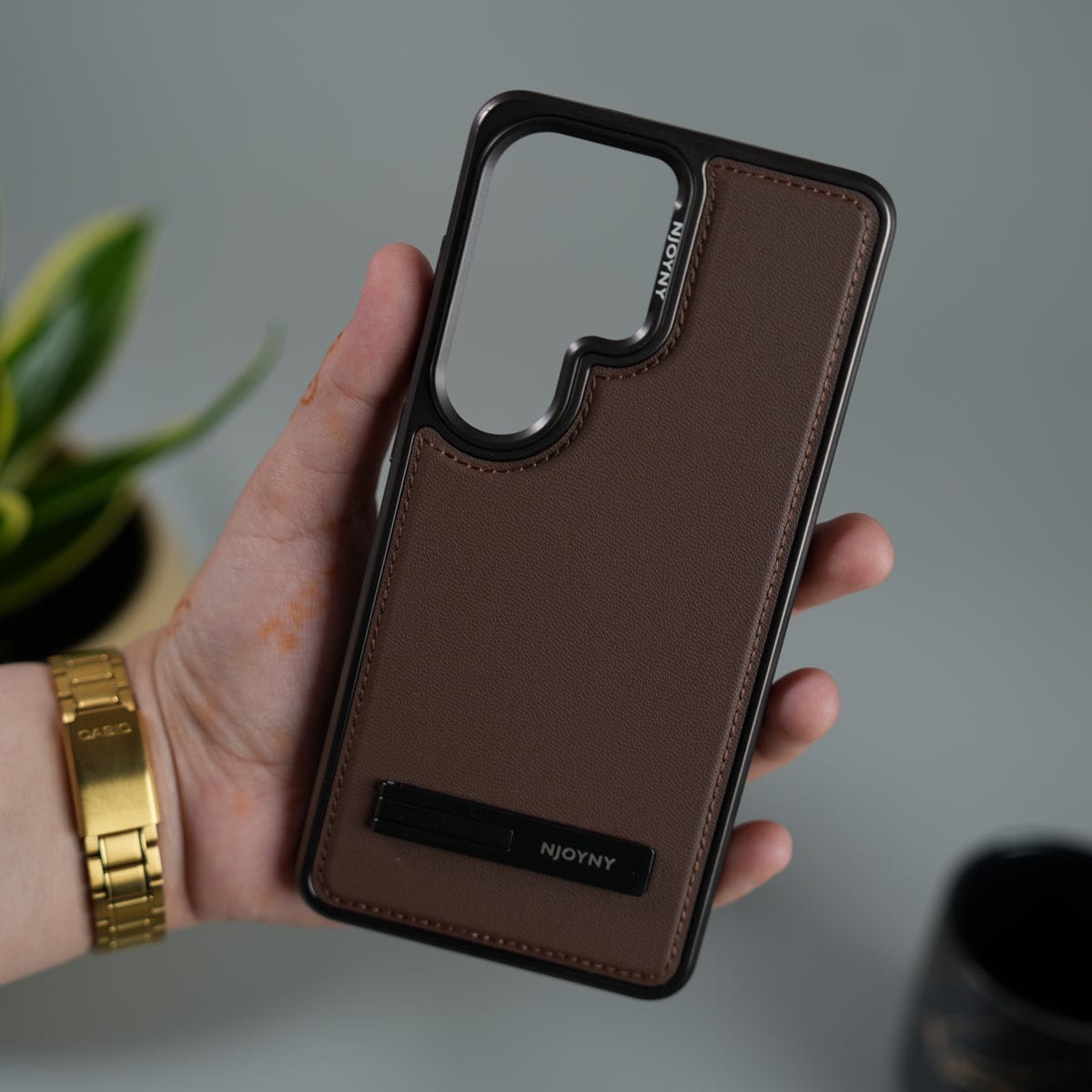 Galaxy S26 Ultra Leather Mate Chrome Plated Kick Stand Case Cover