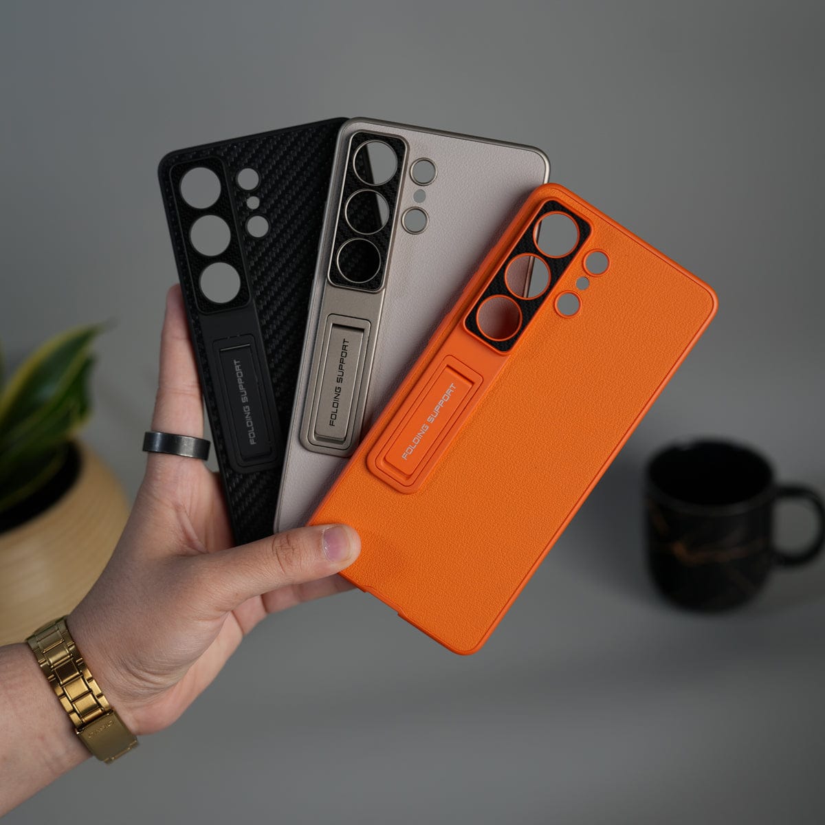 Galaxy S26 Ultra Leather Texture Case with Folding Stand & Camera Protection | Shockproof Slim Cover