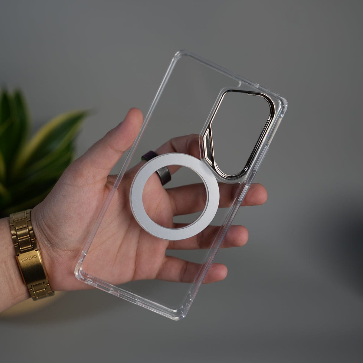 Galaxy S26 Ultra Magnetic Clear Case with Metal Ring Stand | Transparent Shockproof Cover