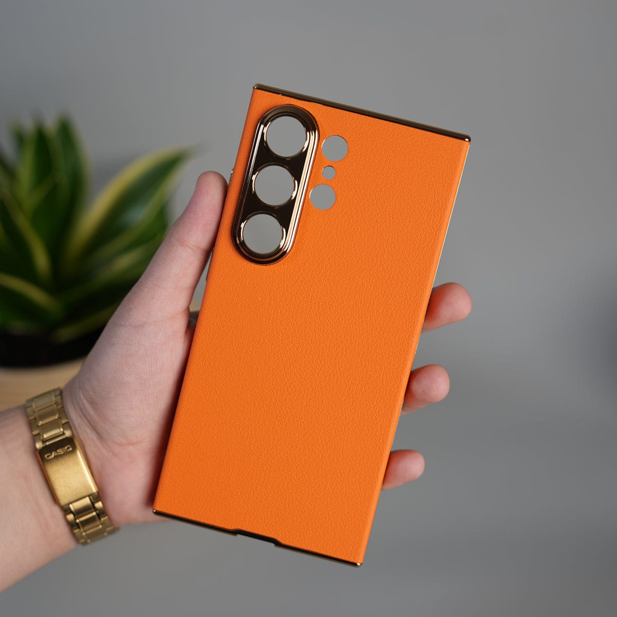 Galaxy S26 Ultra Premium PU Leather Case | Slim Chrome Finish Back Cover with Camera Protection | Orange