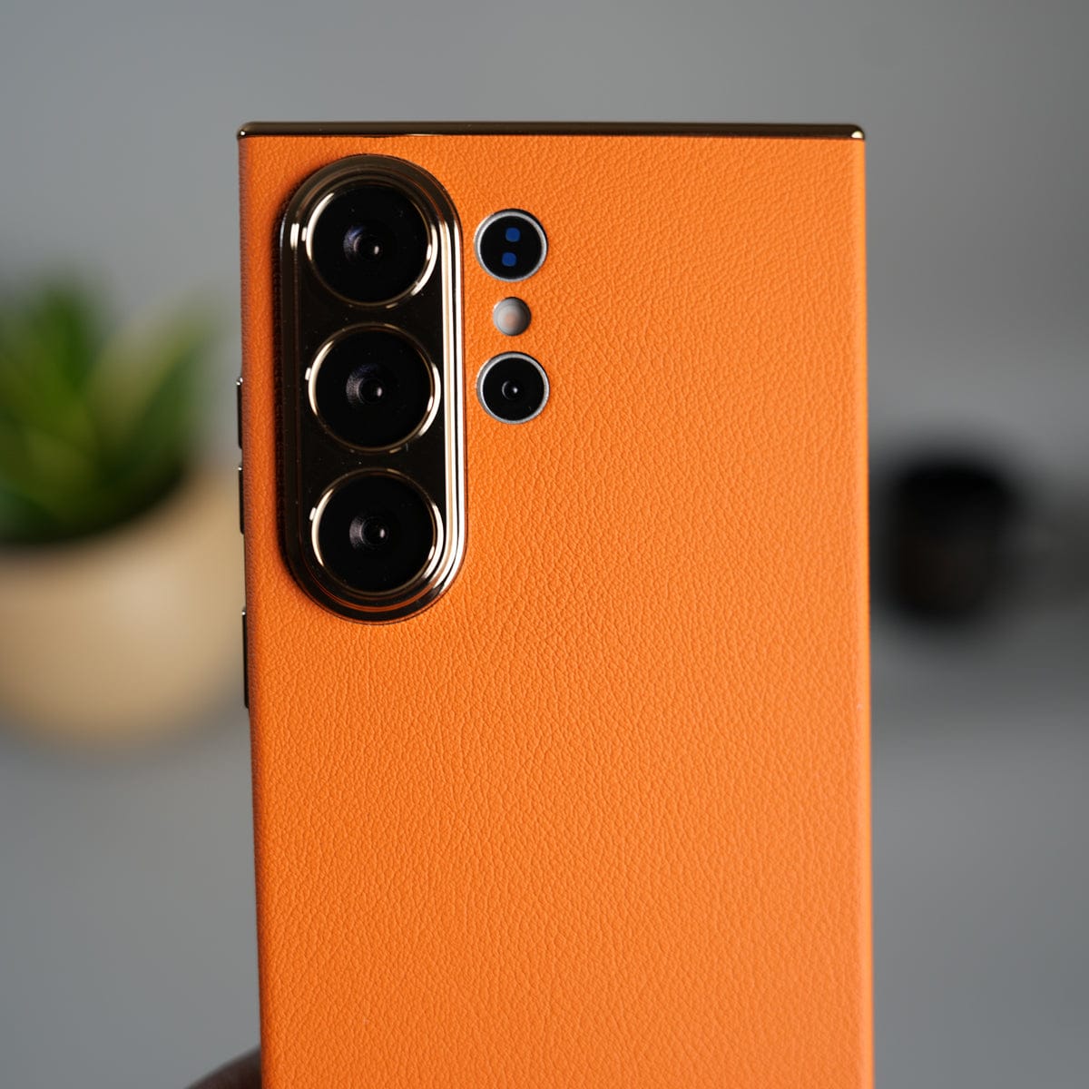 Galaxy S26 Ultra Premium PU Leather Case | Slim Chrome Finish Back Cover with Camera Protection | Orange