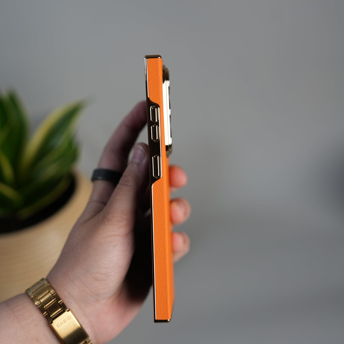 Galaxy S26 Ultra Premium PU Leather Case | Slim Chrome Finish Back Cover with Camera Protection | Orange