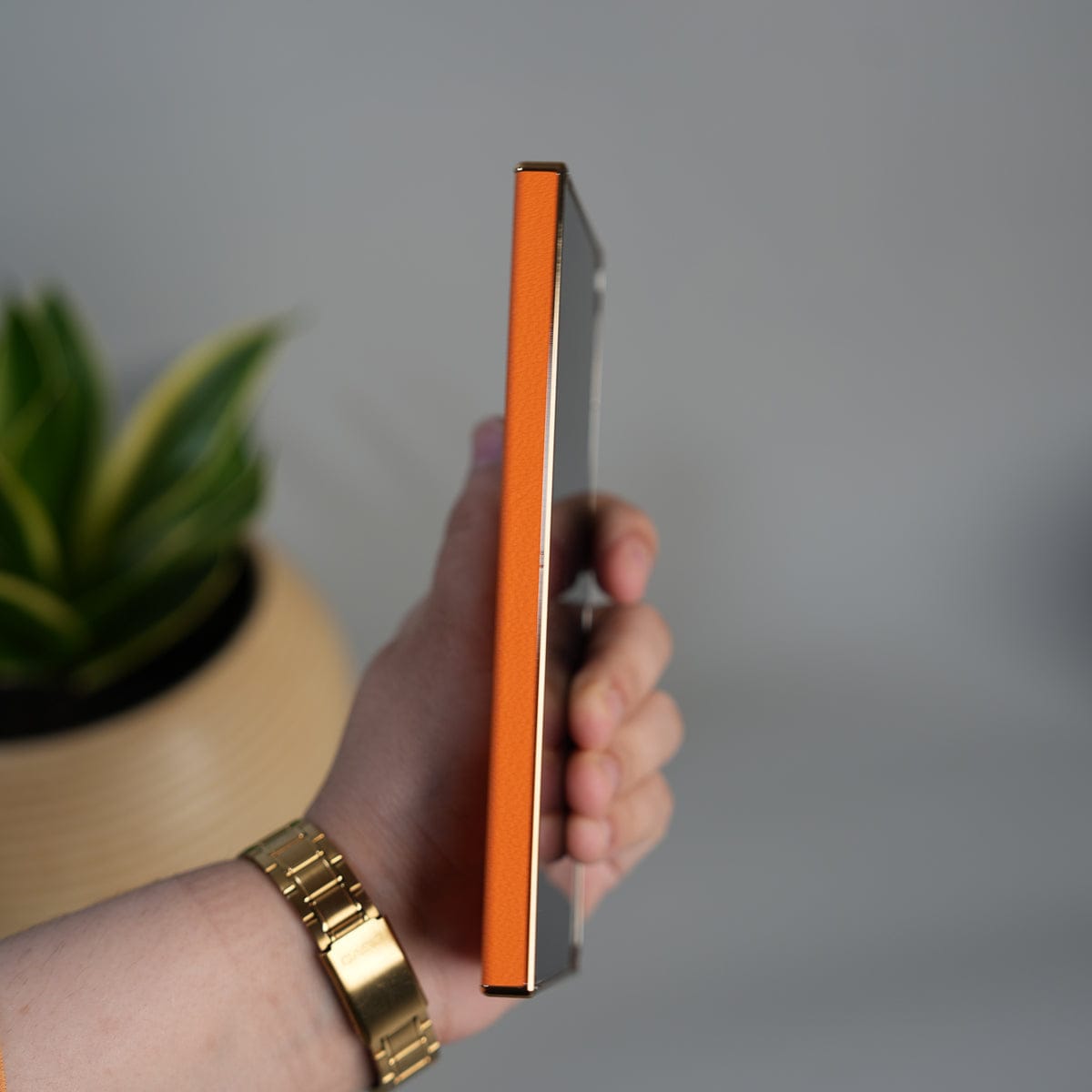 Galaxy S26 Ultra Premium PU Leather Case | Slim Chrome Finish Back Cover with Camera Protection | Orange