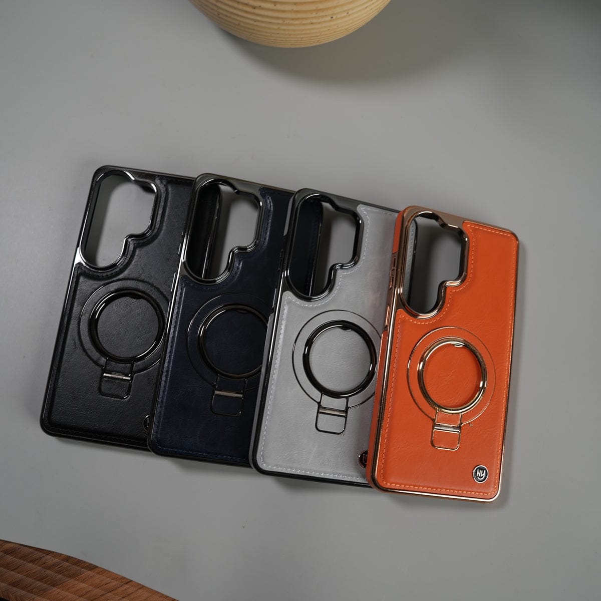 Galaxy S26 Ultra PU Leather Chrome Side Case With Ring Metal Stand