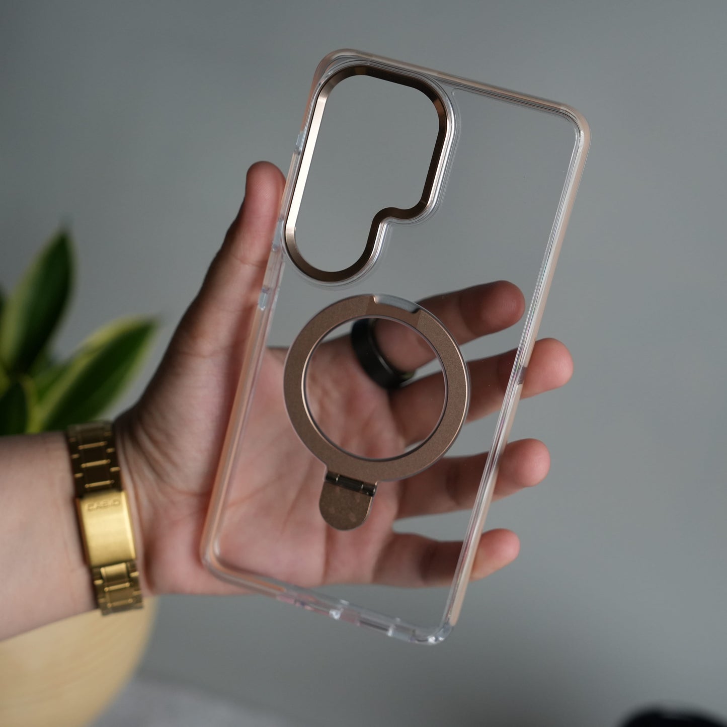 Galaxy S25 Ultra Clear MagSafe Kickstand Case | Transparent Shockproof Slim Cover with Metal Ring Stand
