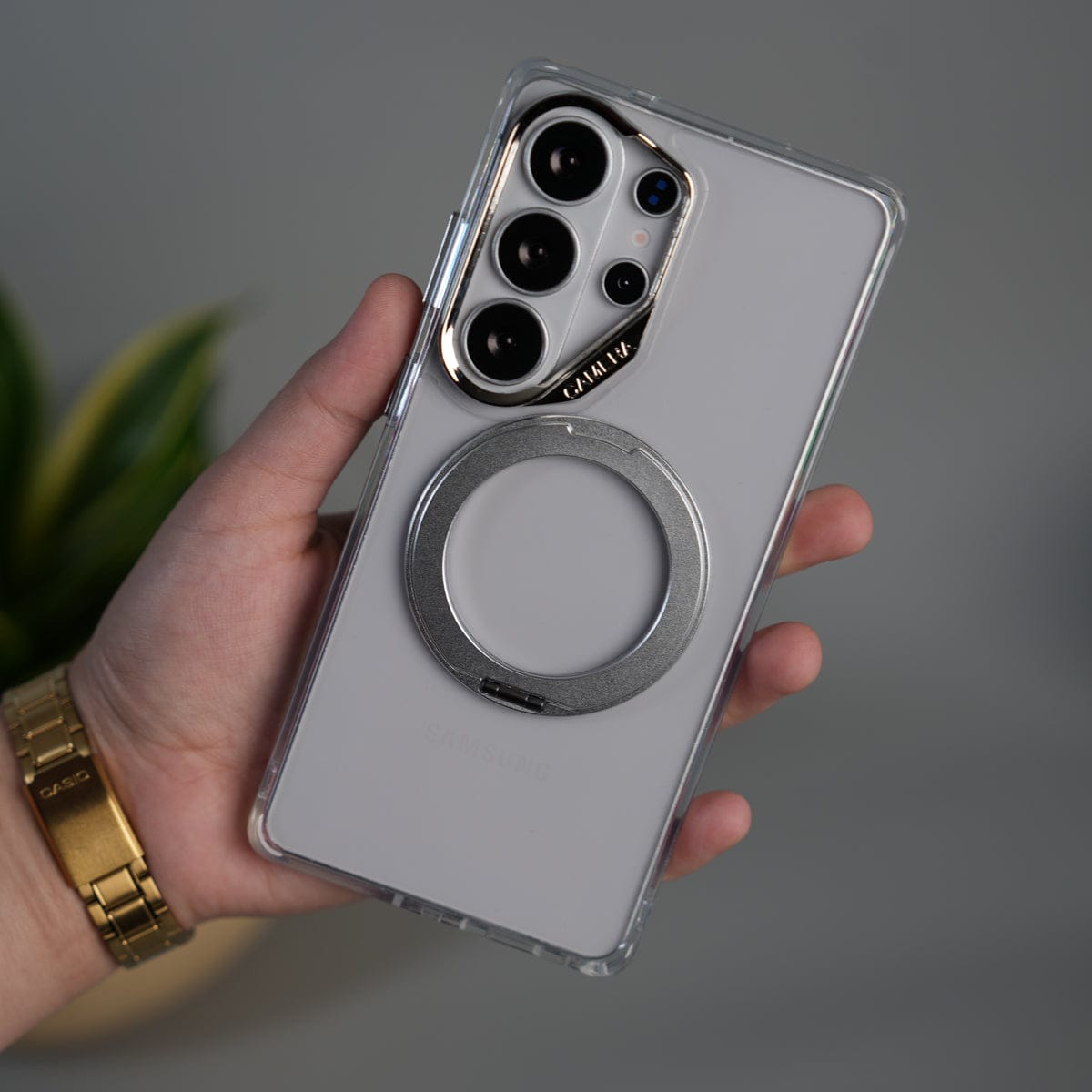 Galaxy S26 Ultra Magnetic Clear Case with Metal Ring Stand | Transparent Shockproof Cover