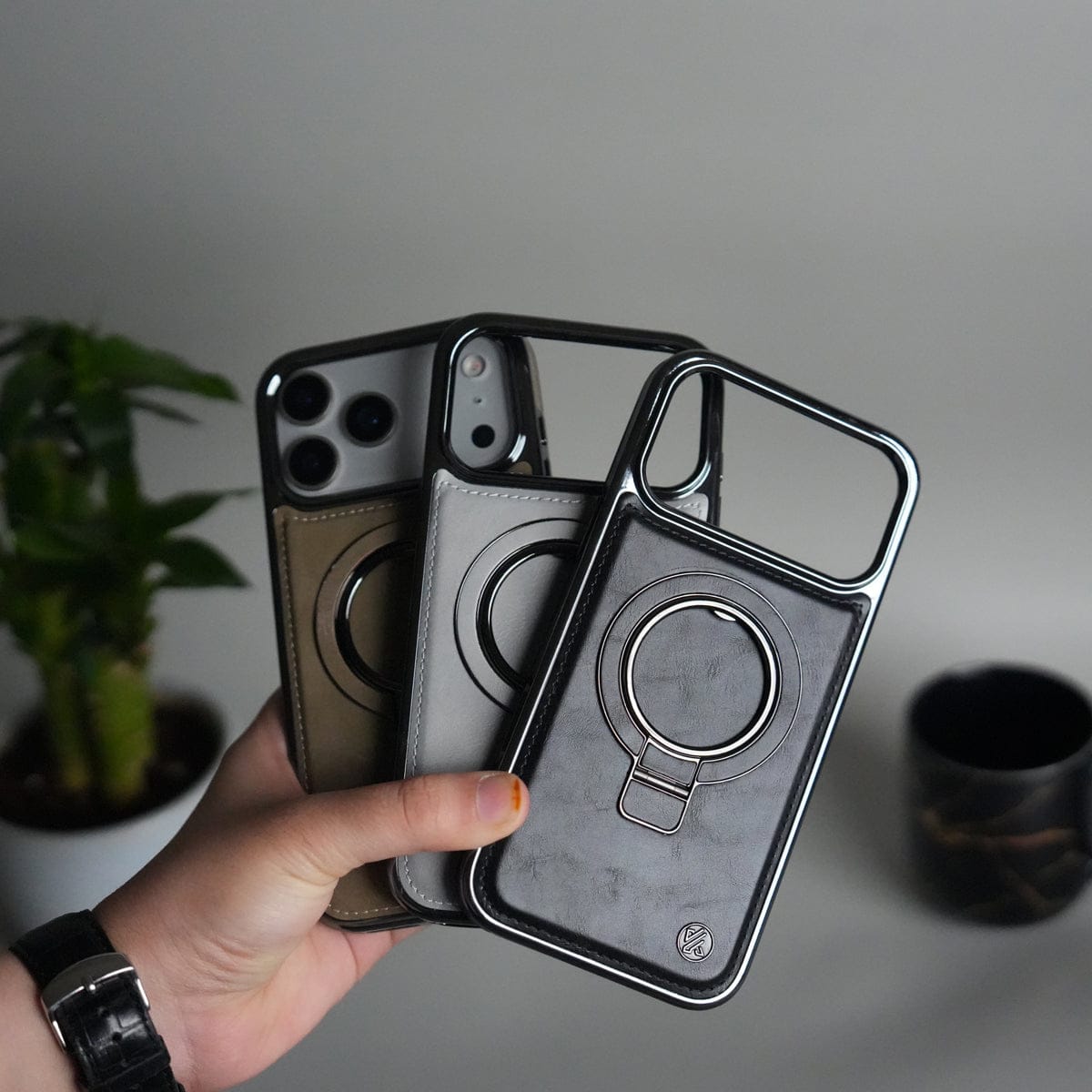 iPhone 17 Pro PU Leather Chrome Side Case With Ring Metal Stand